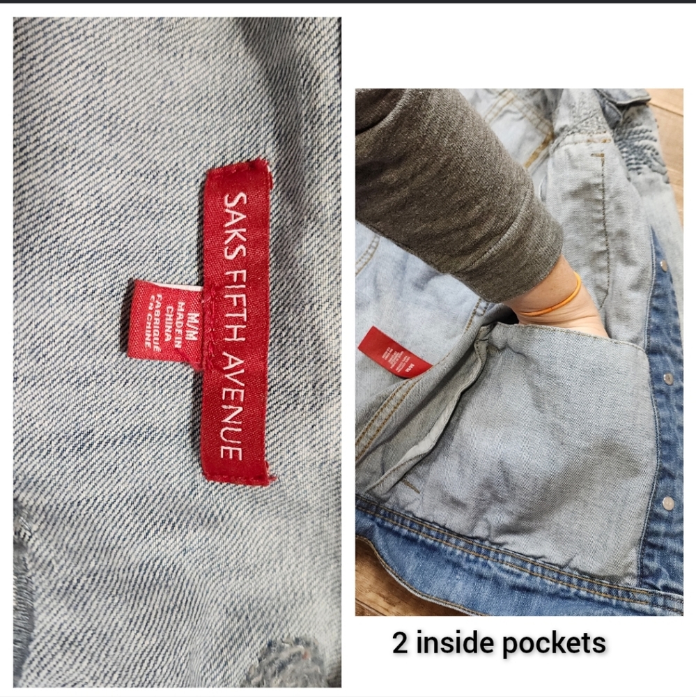 Saks fifth avenue Women's Floral embroidered Light Wash Faded Jean Jacket M - Picture 9 of 15